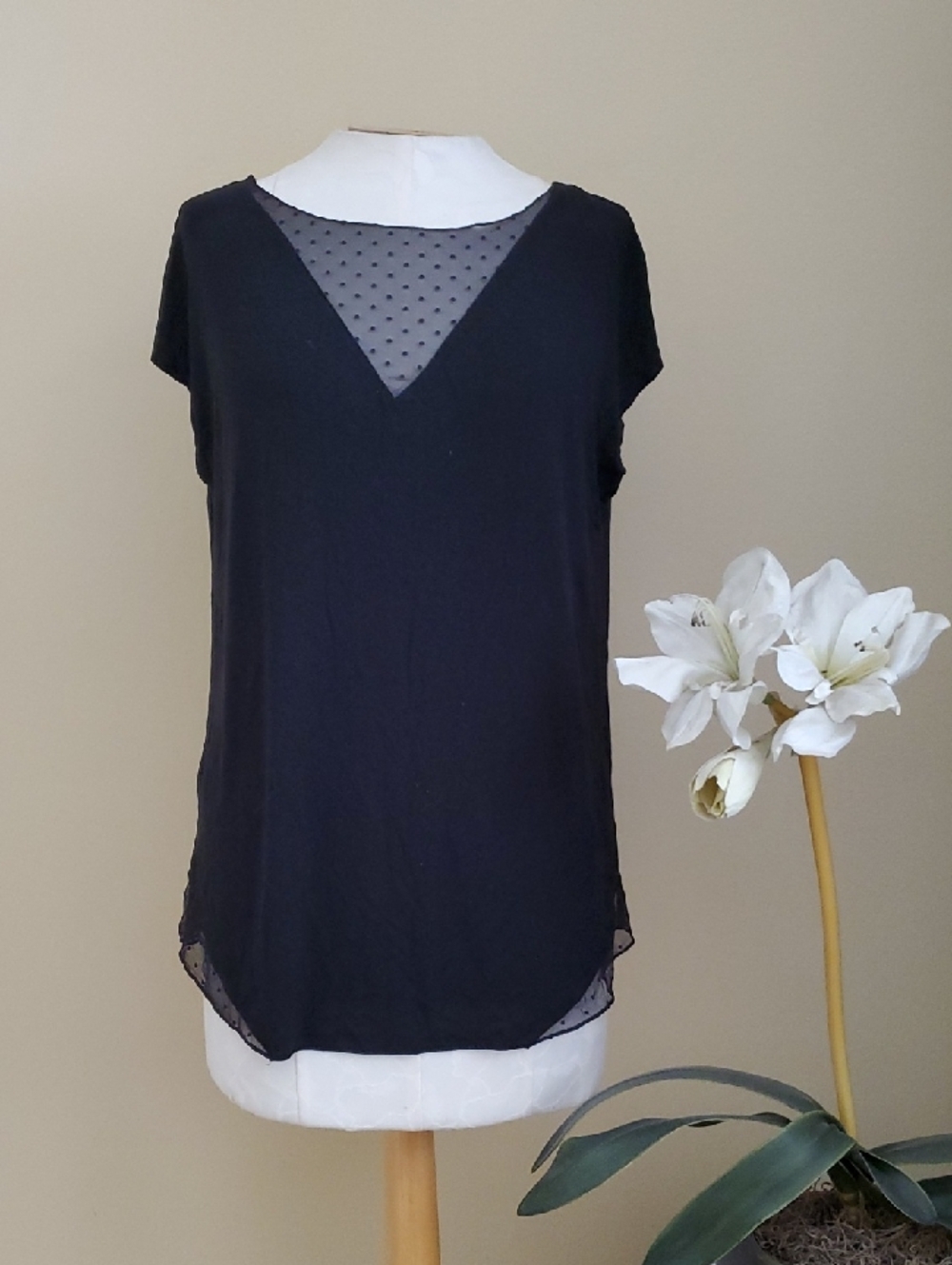 Victoria's Secret Black Sheer Dotted V-Inset Blouse